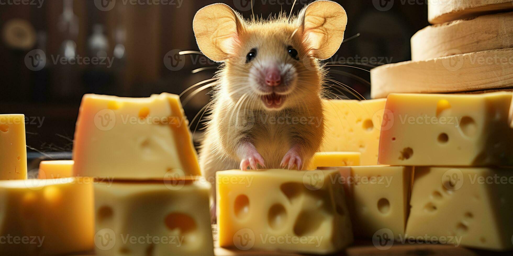 Cute mouse standing by eating delicious cheese AI Generative photo