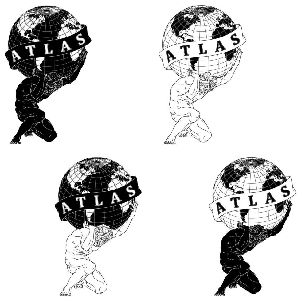 Vector design of Titan Atlas holding the planet Earth, Greek mythology titan holding the Earth sphere, surrounded with ribbon