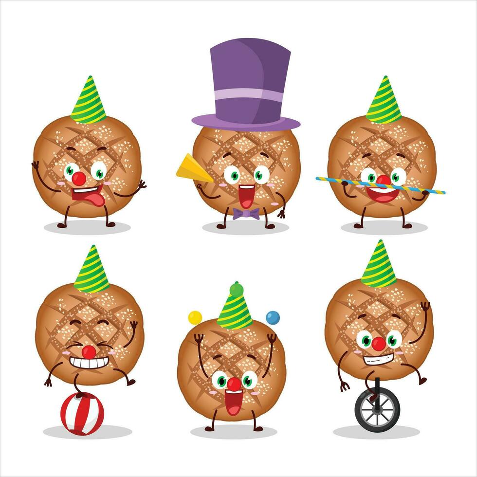 Cartoon character of round dark bread with various circus shows vector