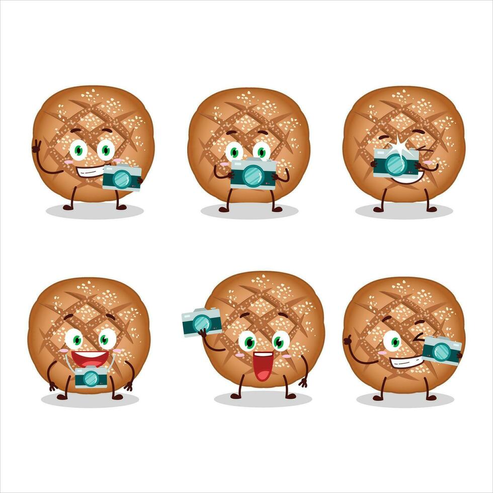 Photographer profession emoticon with round dark bread cartoon character vector