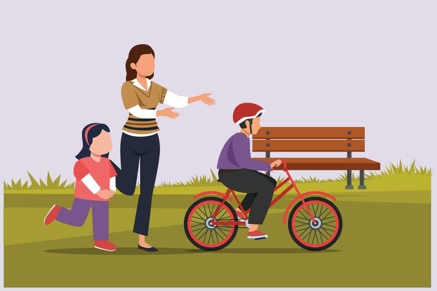 Happy Parents with her child riding bike together. Outdoor leisure activities concept. Colored flat vector illustration isolated.