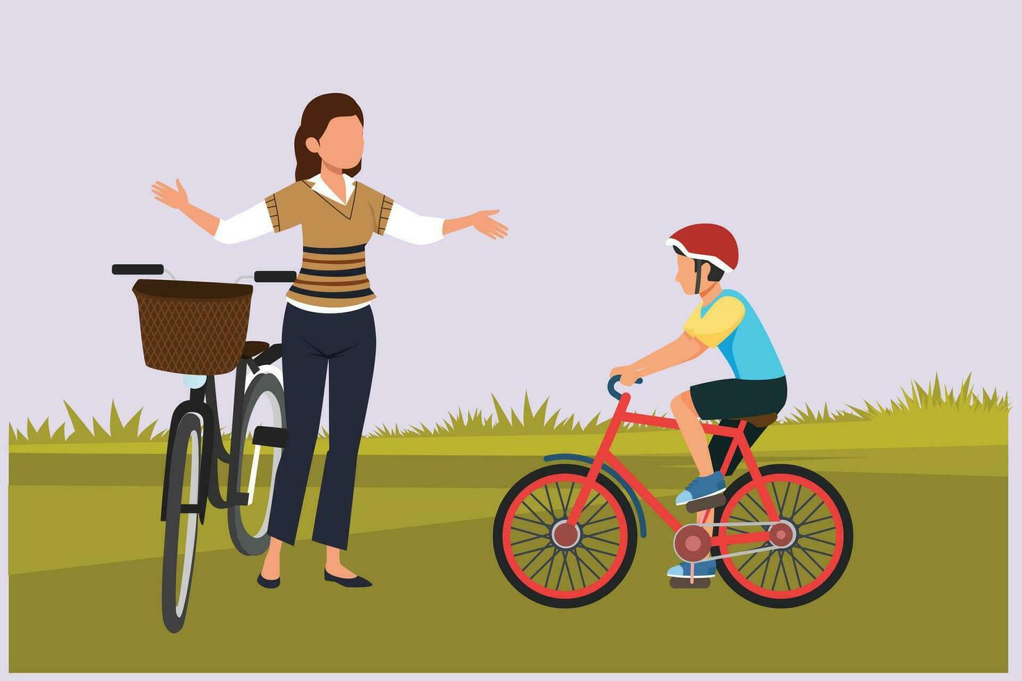 Happy Parents with her child riding bike together. Outdoor leisure activities concept. Colored flat vector illustration isolated.