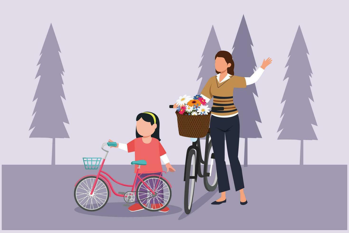 Happy Parents with her child riding bike together. Outdoor leisure activities concept. Colored flat vector illustration isolated.