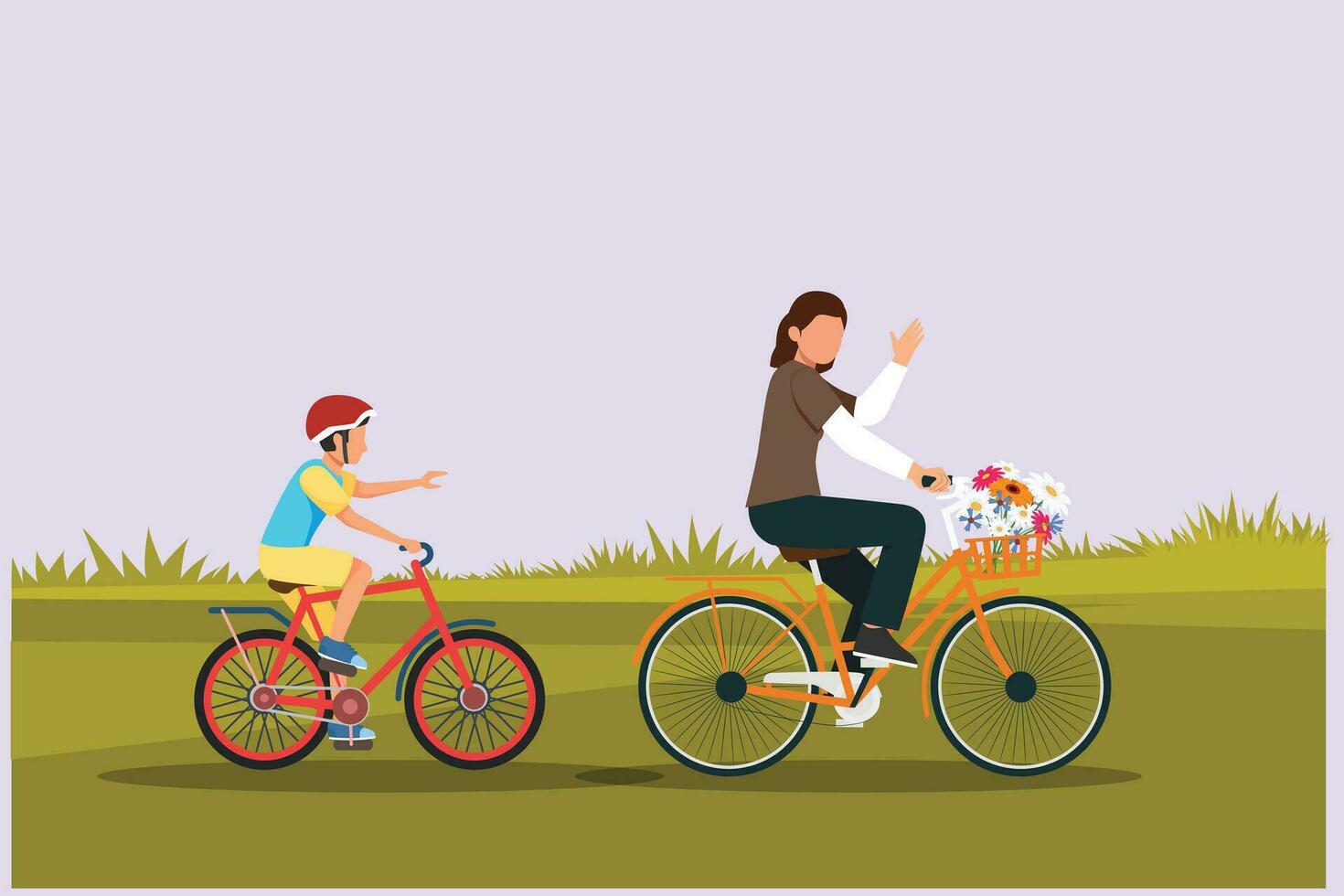 contento padres con su niño montando bicicleta juntos. al aire libre ocio ocupaciones concepto. de colores plano vector ilustración aislado.