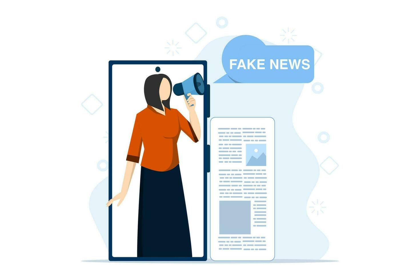 Concept of fake news, information, social media news, hoax, mass media, yellow press, propaganda, screen template for mobile smart phone, flat vector banner for website landing page.