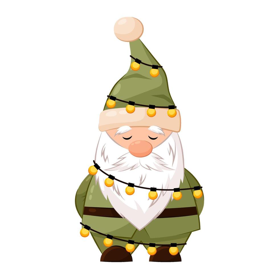 Christmas gnome in a green suit with a garland. Gnome in flat style on a white background. Holiday character, Christmas, New Year. vector