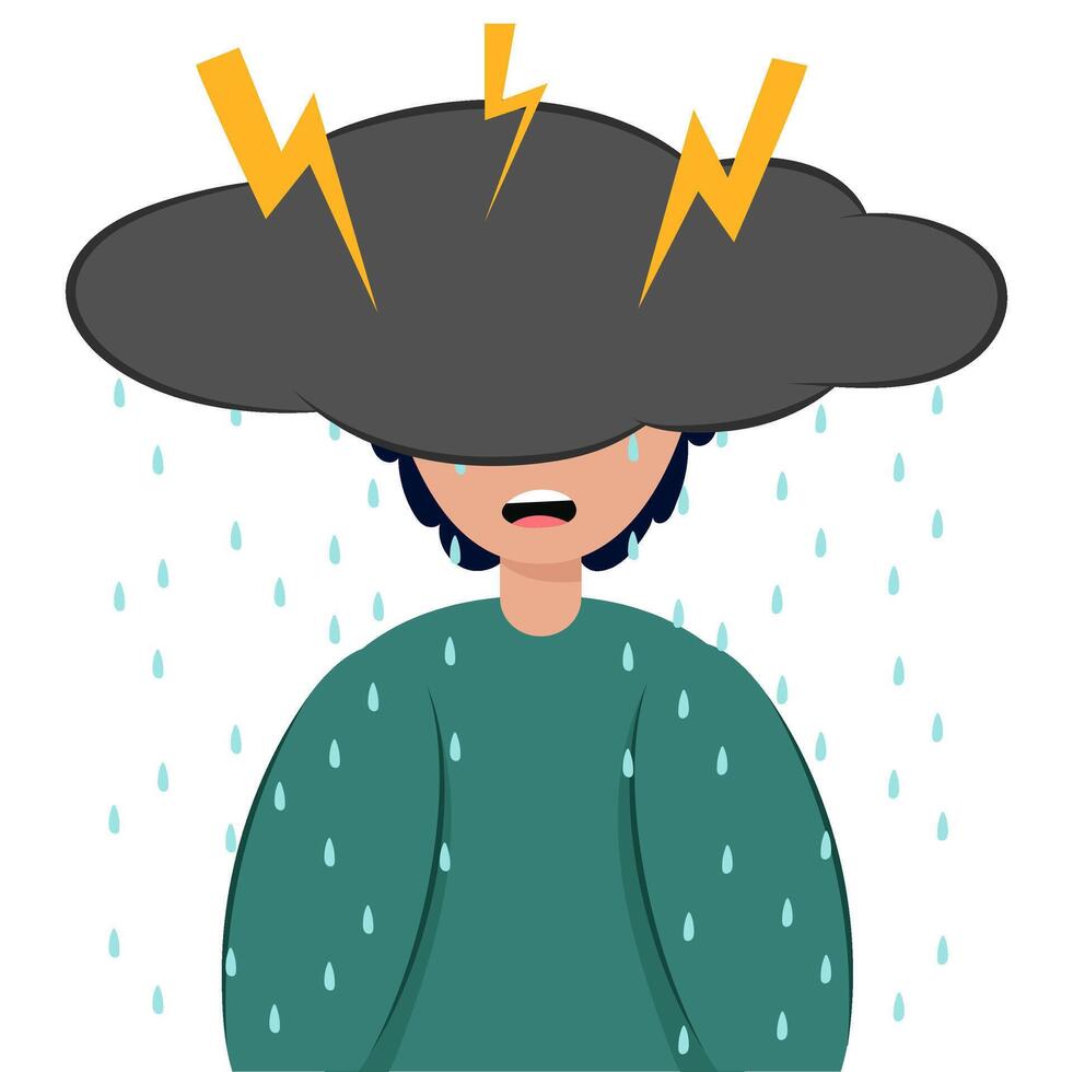 A gray thundercloud hangs over the sad young man, from which rain pours and lightning flashes. Mental health depression. vector