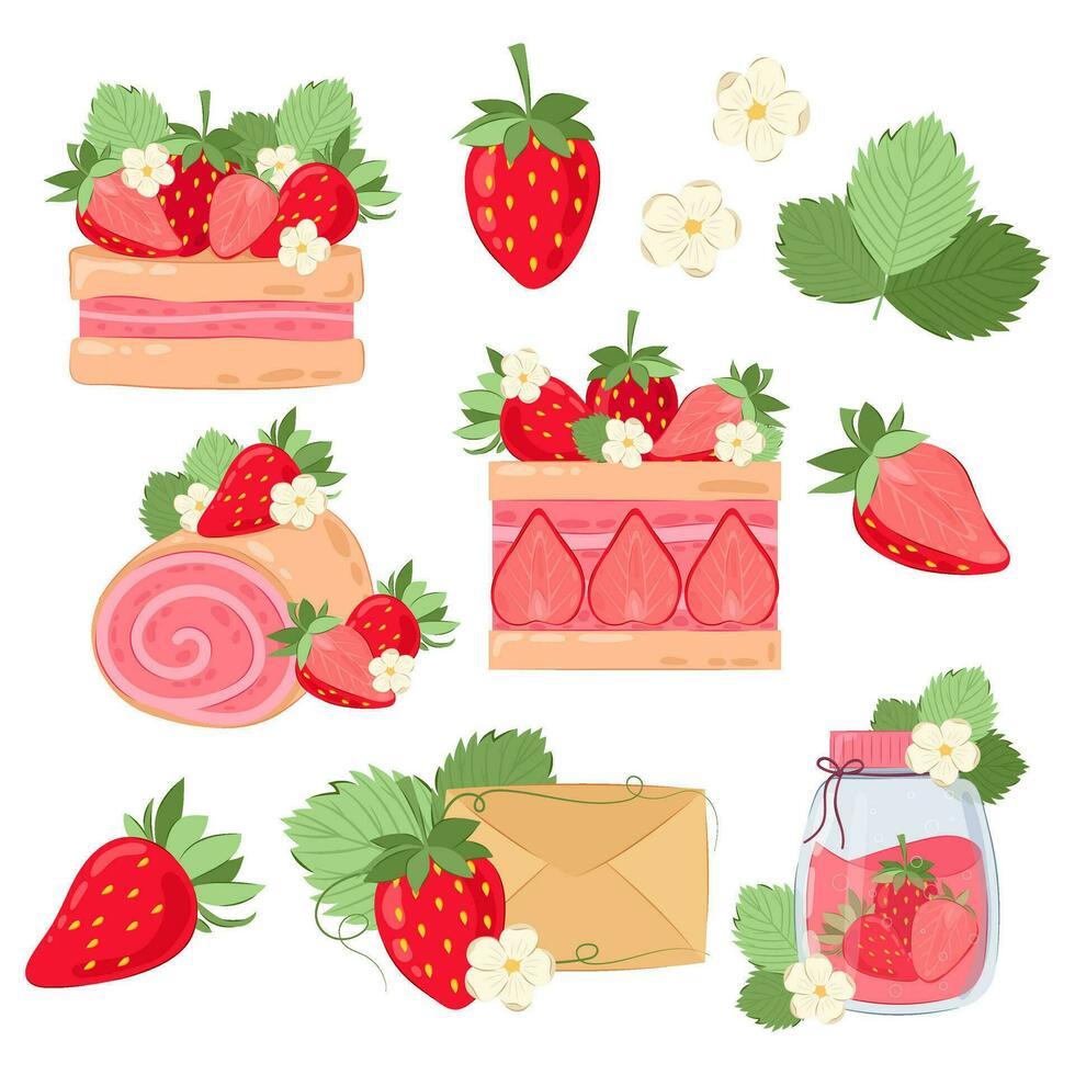 Big set of vector illustrations of desserts with strawberries on a white background. Strawberry desserts in flat style. Cakes, sweets with ripe strawberries.