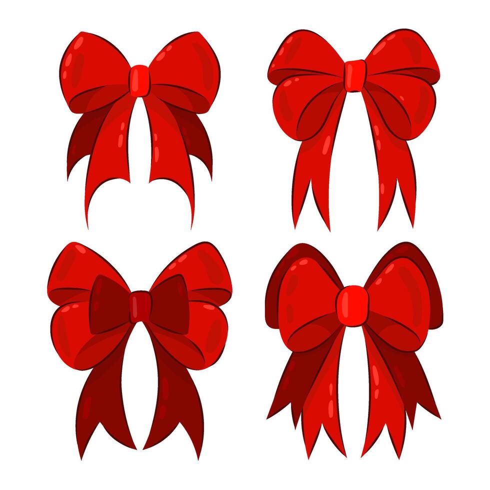 Red bow. Set of four vector illustrations of bows for decoration in flat style on a white background. New Year's decorative bow.