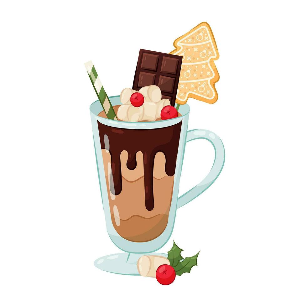 invierno beber. cacao, café o capuchino con malvavisco, chocolate y pan de jengibre en plano estilo. Navidad, nuevo año. vector