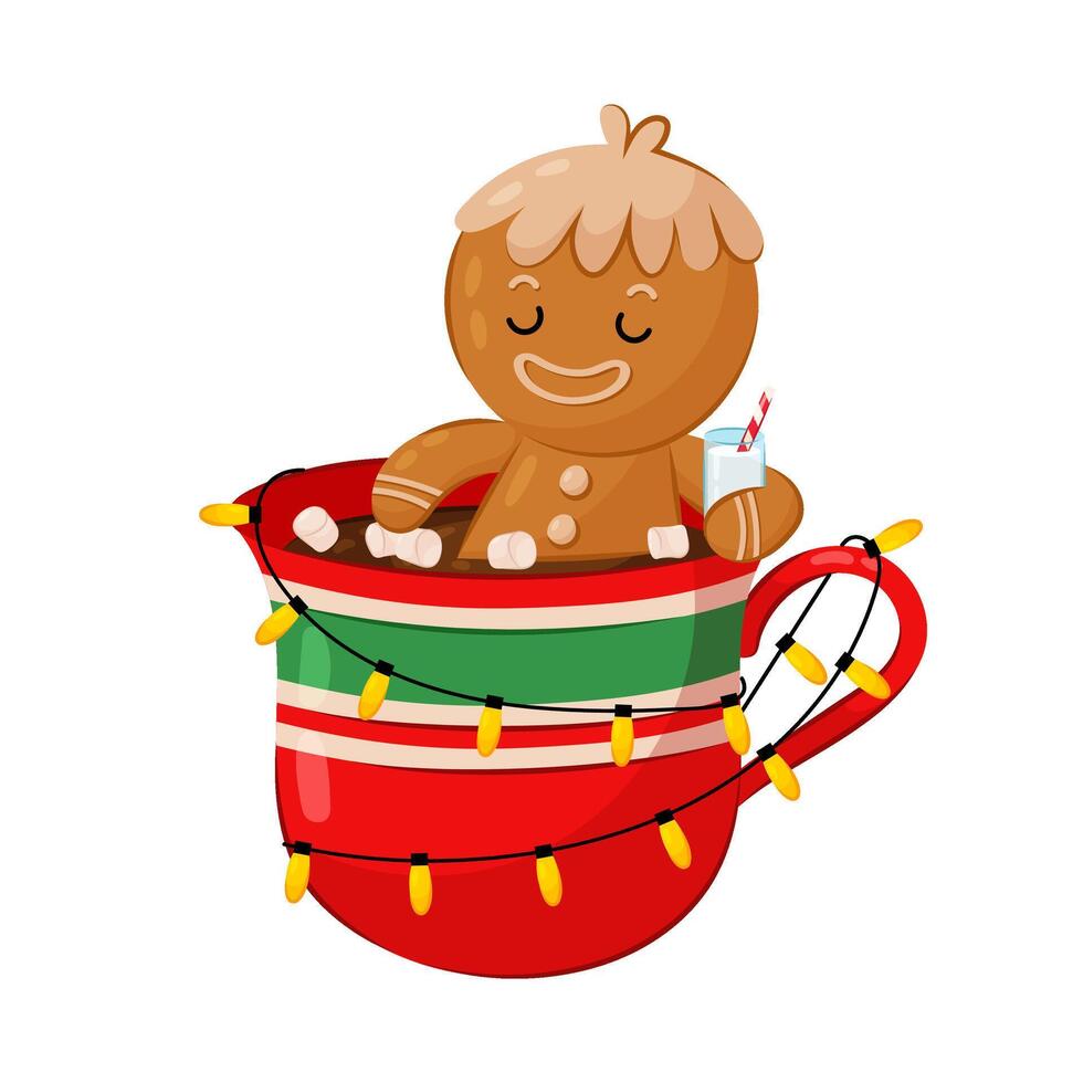 fiesta, relajación. pan de jengibre hombre con un vaso de Leche en plano estilo se baña en un rojo taza con cacao envuelto en un Navidad guirnalda. Navidad horneando. nuevo año, vacaciones. vector