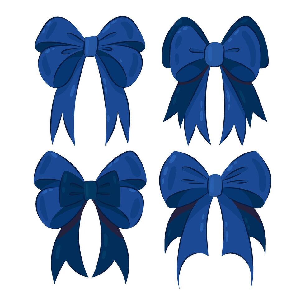 Blue bows. Set of four vector illustrations of bows for decoration in flat style on a white background. New Year's decorative bow.