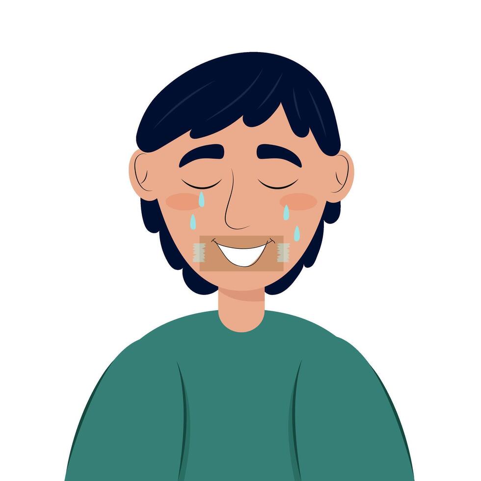 Sad, unhappy young man pretending to be cheerful and smiling. Depression concept. mental health. Smile with strength. Vector illustration of an unhappy girl in a flat style.