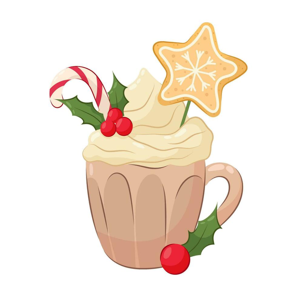 Christmas, New Year. Cup of hot drink with whipped cream, gingerbread and candy cane. Christmas, winter or holiday drink in flat style on a white background. vector