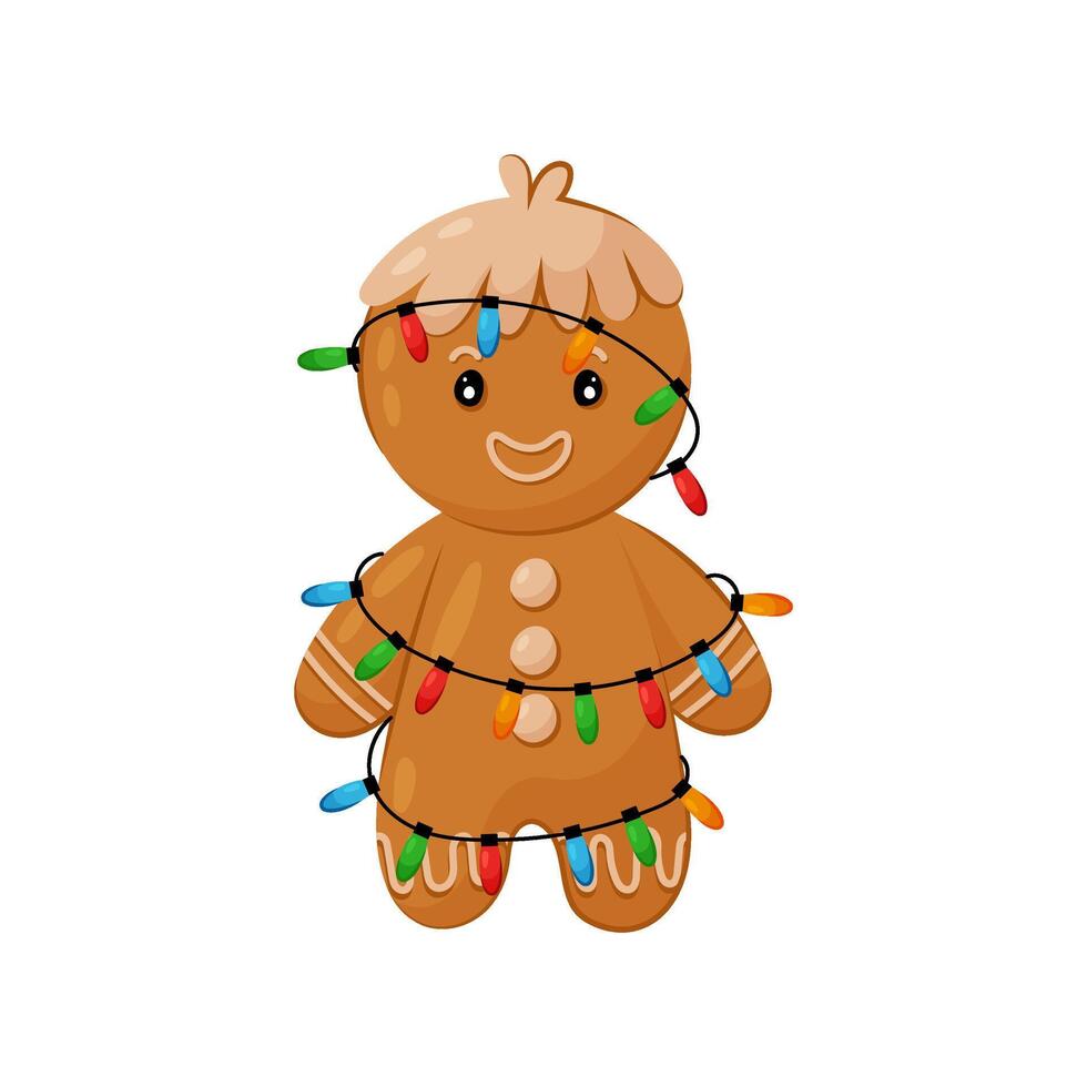 Funny gingerbread wrapped with a Christmas garland in flat style on a white background. Christmas baking, cookies, gingerbread man. Festive Christmas print. vector