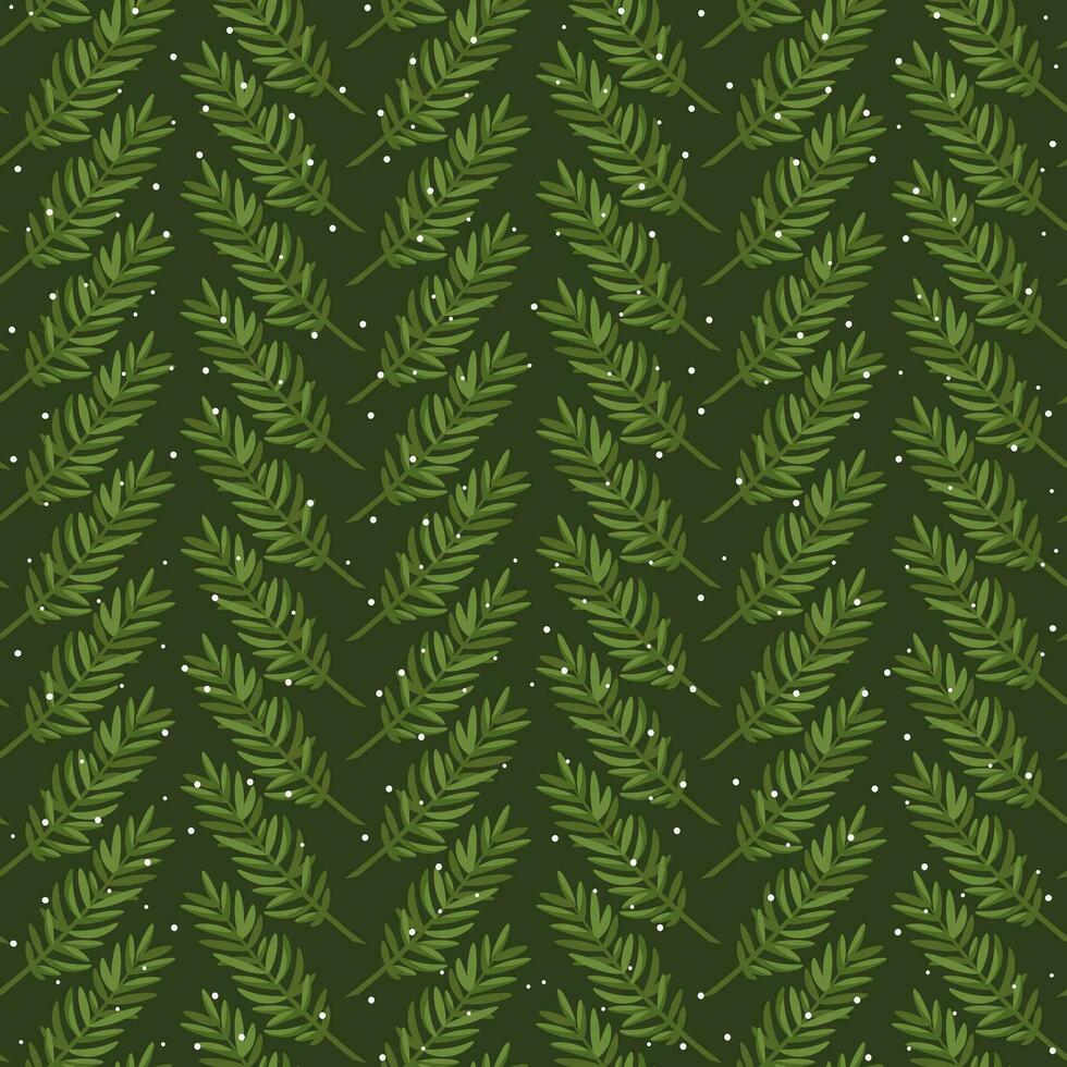 New Year's symbols - branches of Christmas tree, pine, cedar. Elegant seamless pattern with evergreens and snowflakes on dark green background. Great for Christmas wrapping paper, packaging, textile. vector