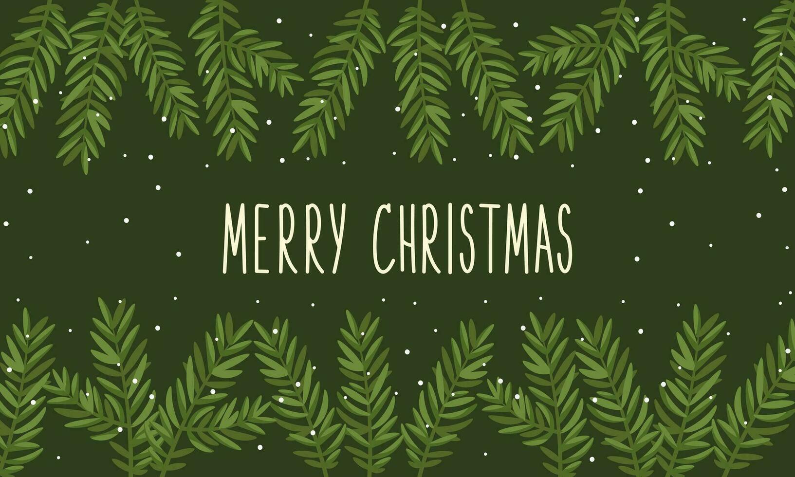 Xmas nature design border, text Merry Christmas. Green pine, fir twigs, snowflakes on dark green background. Vector illustration. Greeting banner template. New Year's symbols.