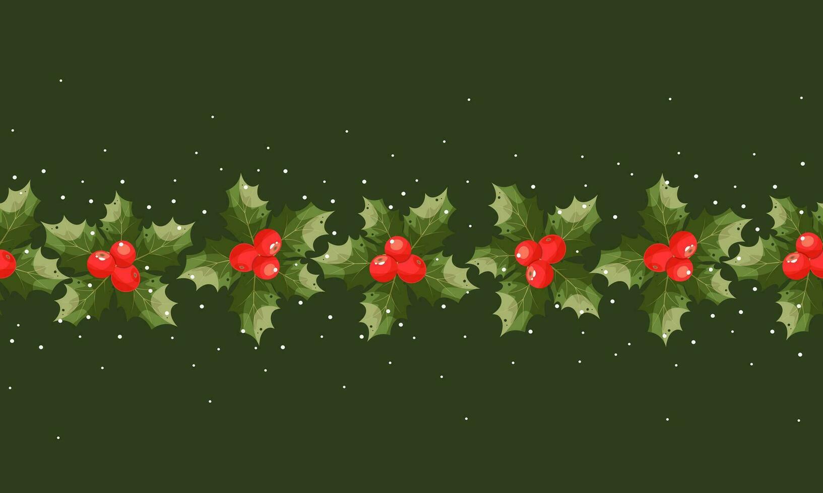 Seamless Christmas vector holiday border, frame. Xmas nature design border poinsettia on dark green background. Red holly berry. New Year's symbols. For celebration banners, headers, posters.