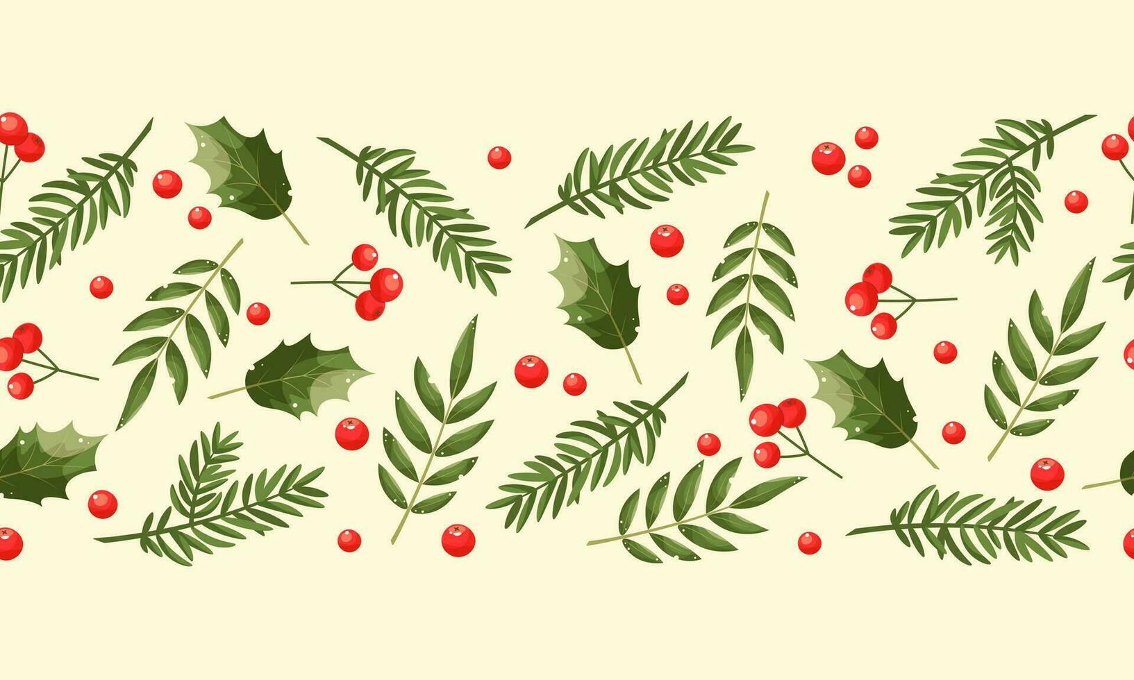 Xmas nature design seamless border, frame. Green pine, fir twigs, red berries on light background. Vector illustration. Greeting banner template, headers, posters. New Year's symbols.