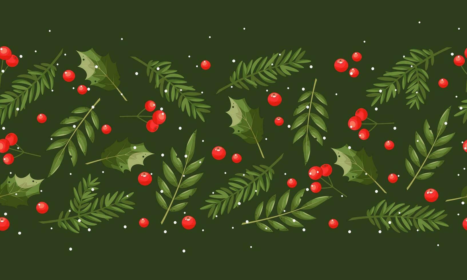 Xmas nature design seamless border, frame. Green pine, fir twigs, red berries on dark green background. Vector illustration. Greeting banner template, headers, posters. New Year's symbols.