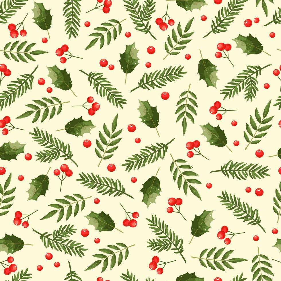 nuevo años símbolos - ramas de Navidad árbol, pino, cedro, bayas acebo. elegante sin costura modelo en un ligero antecedentes. genial para Navidad envase papel, embalaje, textil. festivo concepto. vector