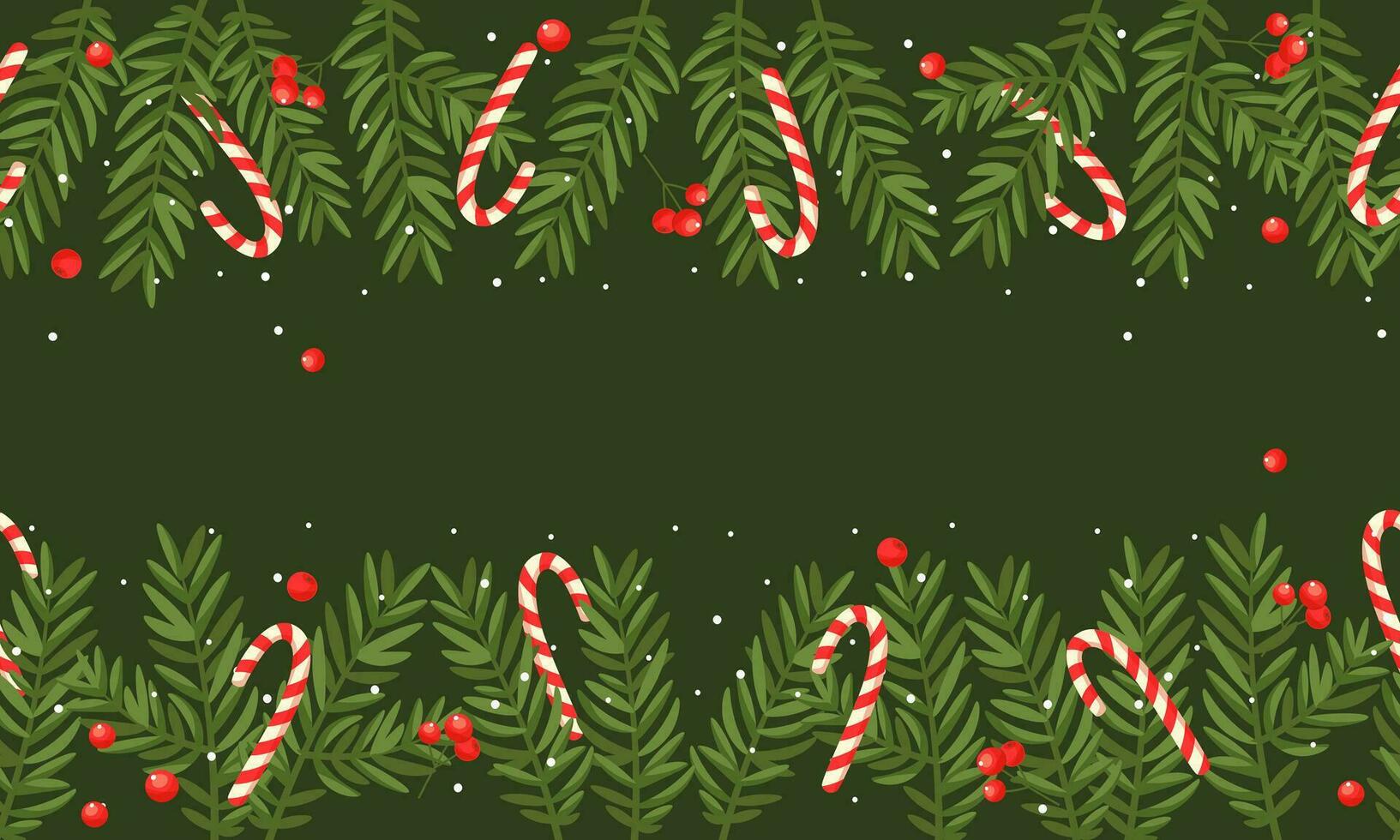 Merry Christmas and New Year poster or banner with candy cane stick set, fir tree branches and Red holly berry seamless border. For celebration banners, headers, posters. vector