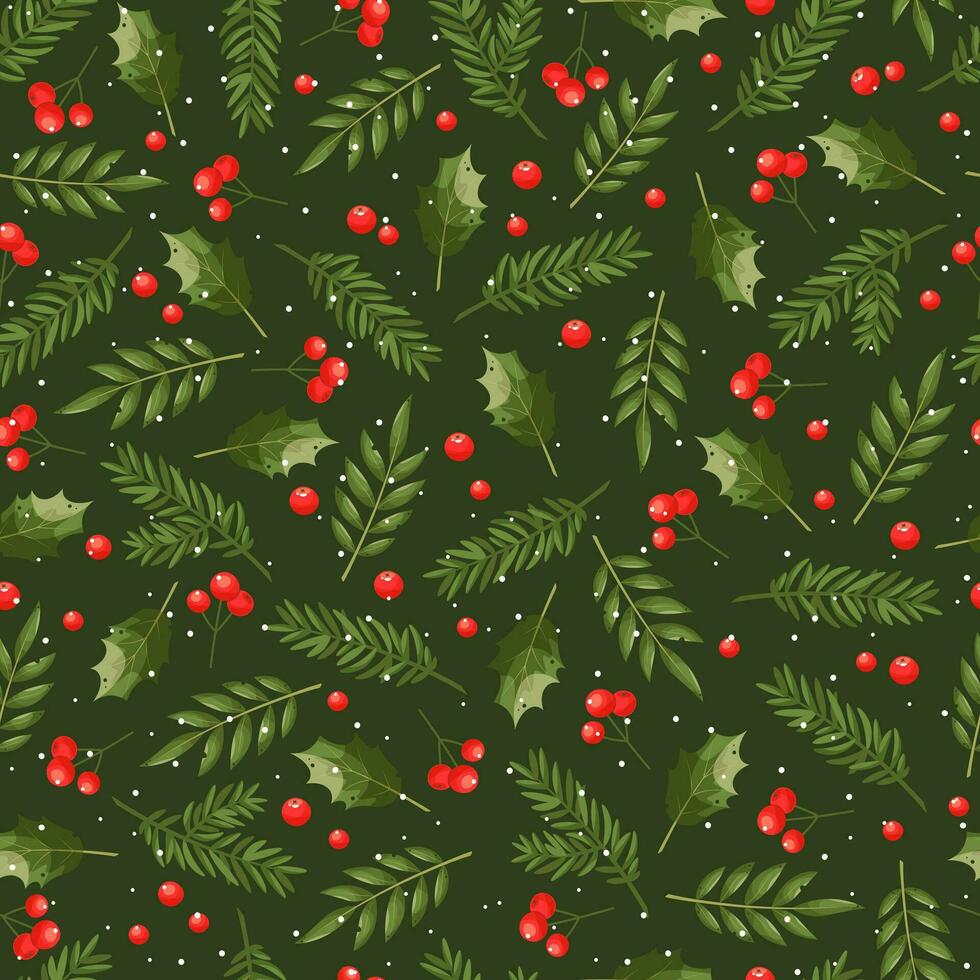 New Year's symbols - branches of Christmas tree, pine, cedar, berries holly and snowflakes. Elegant seamless pattern on dark green background. Great for Christmas wrapping paper, packaging, textile. vector