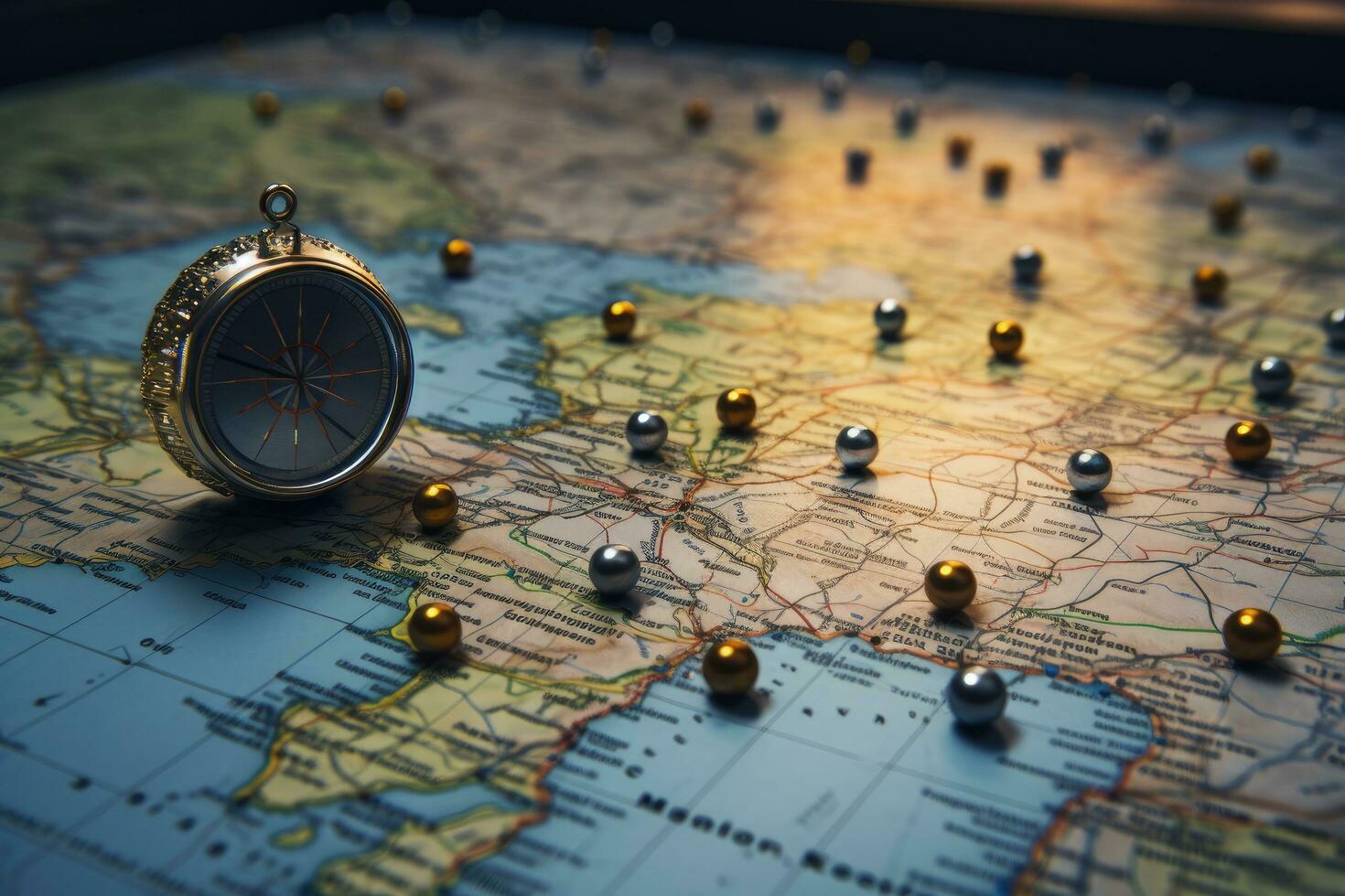 Compass on a map of the world. Traveling concept, Magnetic compass and location marking with a pin on routes on world map, AI Generated photo