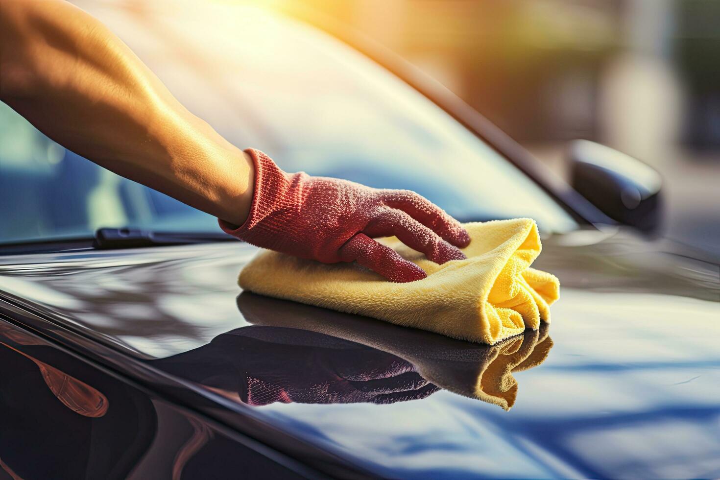 mano en guante limpieza coche con microfibra paño, de cerca, masculino trabajador mano cerca arriba limpieza coche panel, ai generado foto