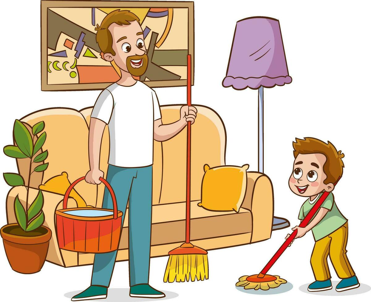 Family housework. Parents and kids clean up house cartooon vector