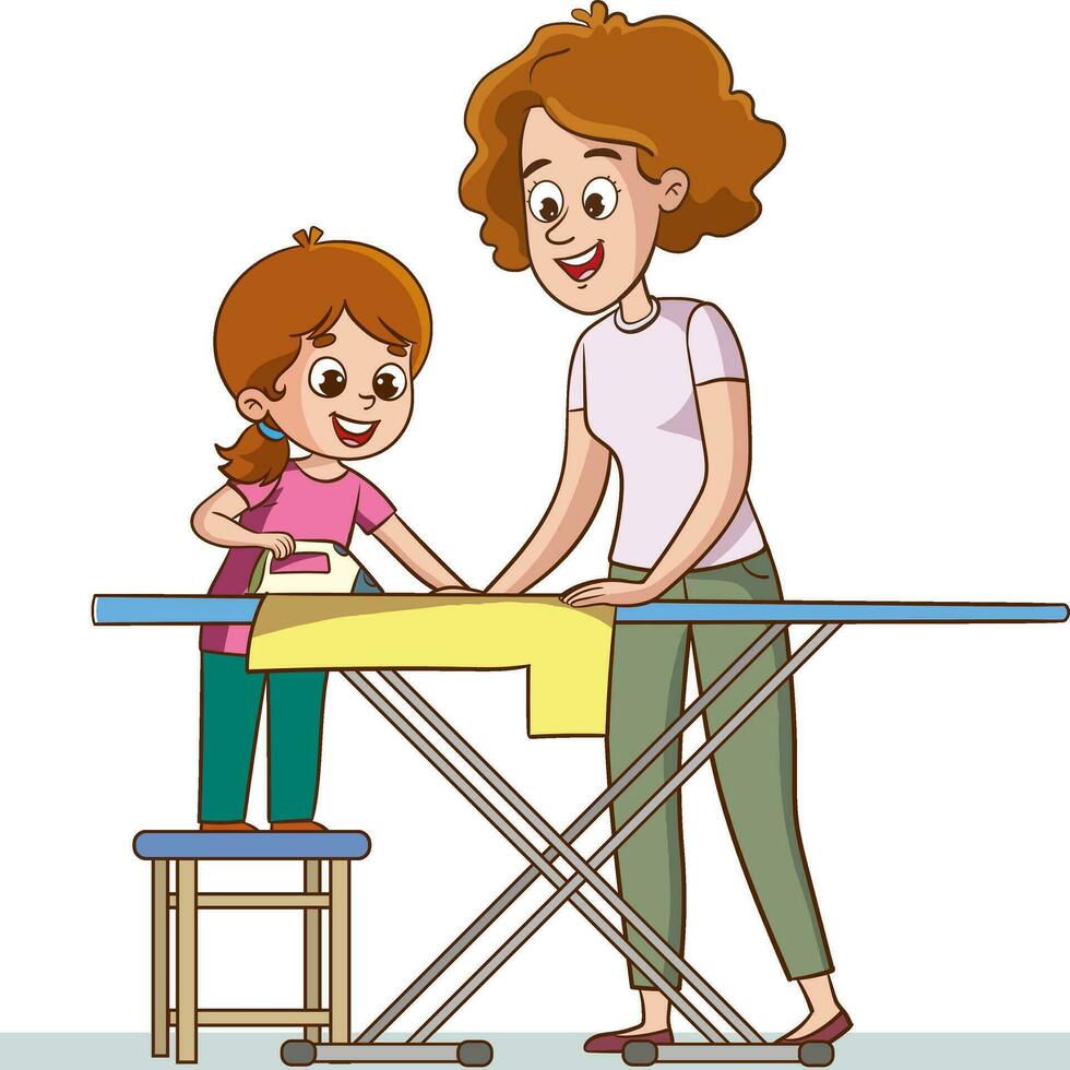 Family housework. Parents and kids clean up house cartooon vector