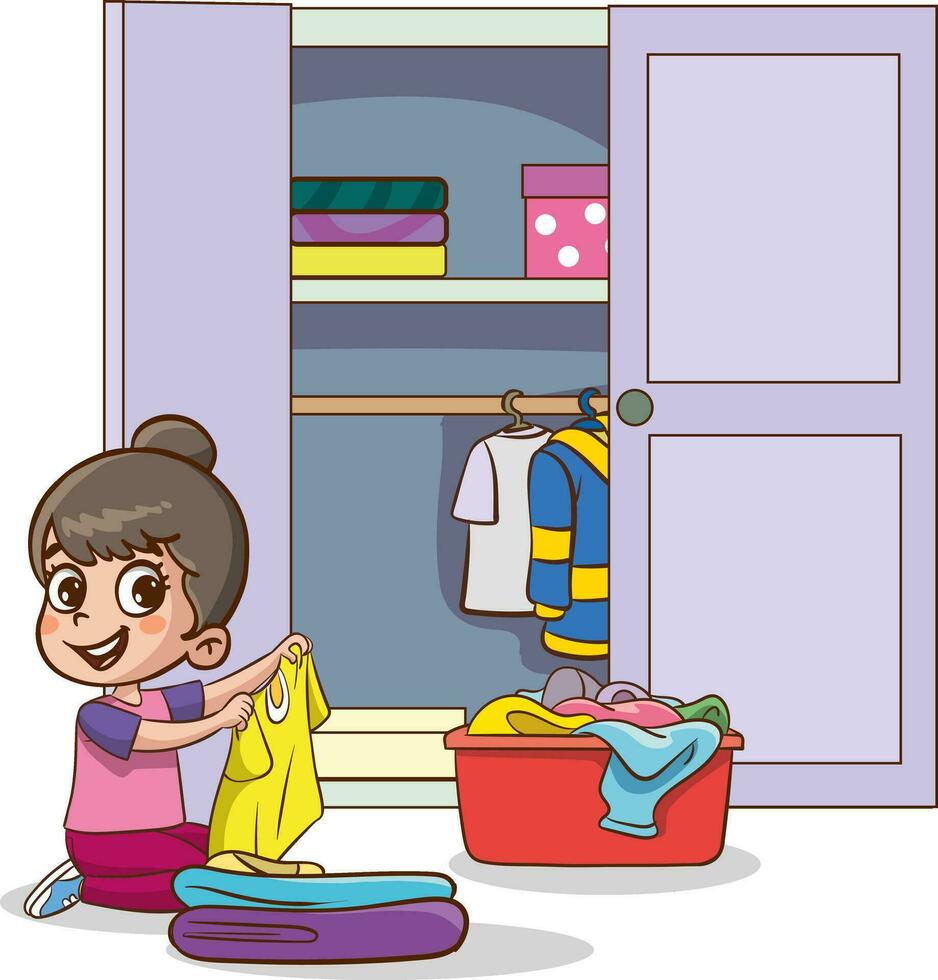 vector illustration Of cute kids putting their clothes in the wardrobe.Happy little children doing housework cleaning.