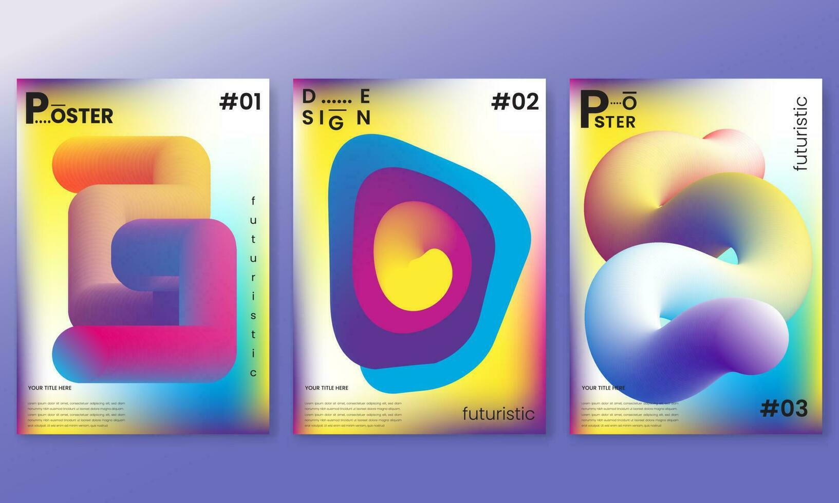 Electronic music festival ads poster set.3d multicolored fluid shapes.Dance music event cover vector