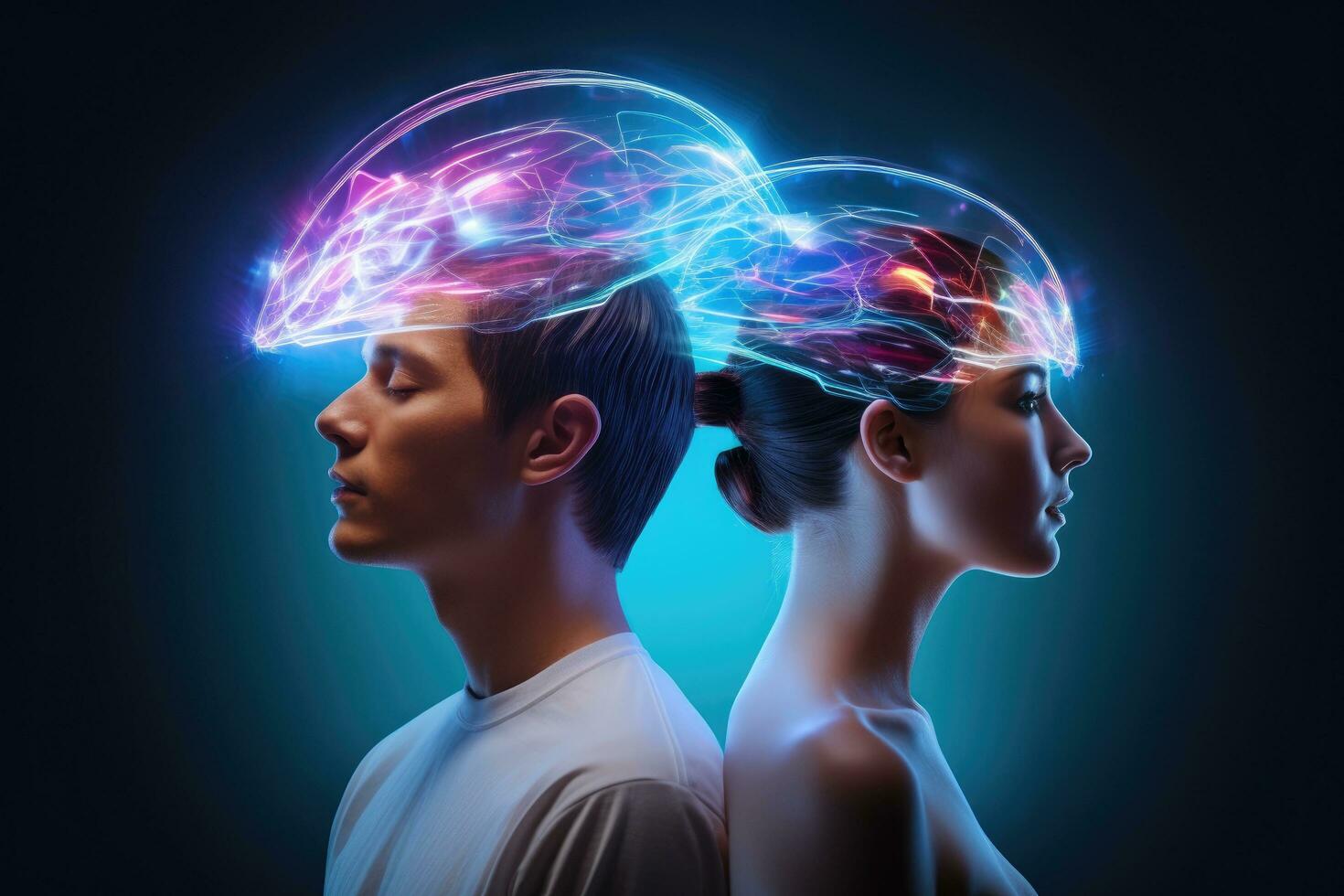 double exposure of man and woman with digital brain over dark blue background, Man and woman with joint pain in their heads, conceptual image, hologram , AI Generated photo