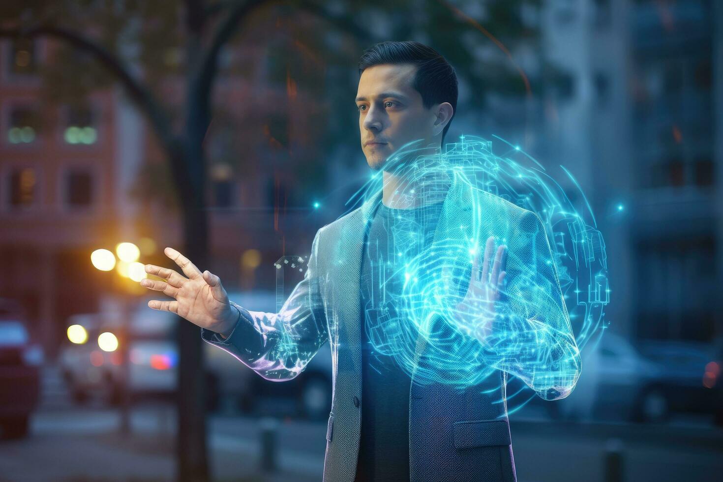 business, technology, internet and people concept - young businesswoman with virtual projection of human heart over city street background, Man on blurred background using digital, AI Generated photo