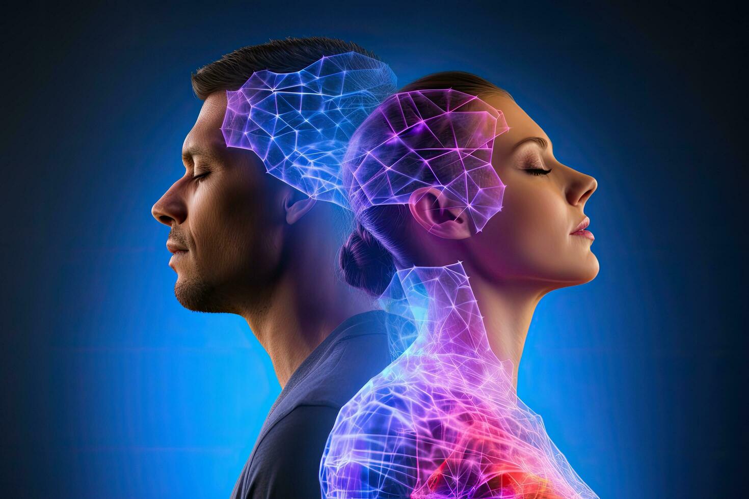 Digital composite of Double exposure of man and woman with brain against blue background, Man and woman with joint pain in their heads, conceptual image, hologram , AI Generated photo