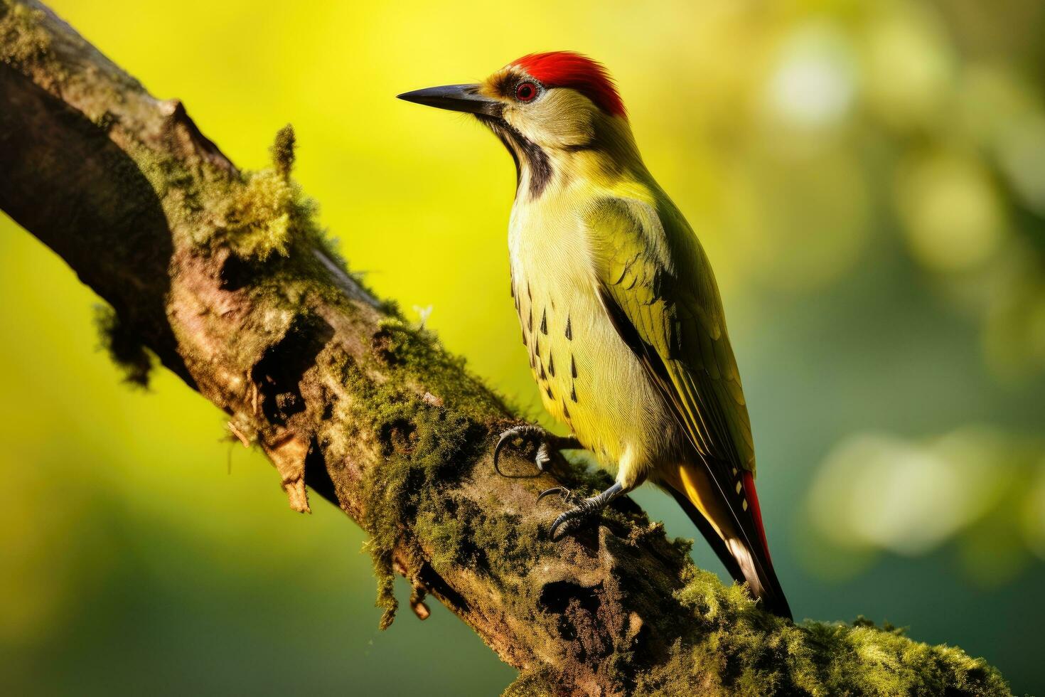 genial manchado pájaro carpintero dryocopus marcio, masculino verde pájaro carpintero picus erythrorhynchus encaramado en un árbol, ai generado foto