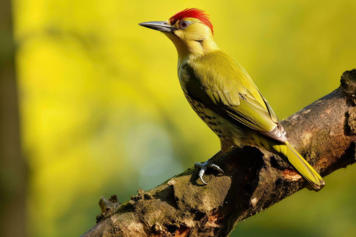 pelirrojo pájaro carpintero picus rufescens, masculino verde pájaro carpintero picus erythrorhynchus encaramado en un árbol, ai generado foto