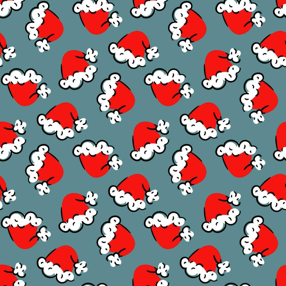 Santa Claus Christmas hats. Christmas seamless ornament with red caps on a blue background. Repeating elements in different turns. Printing on textiles and paper. Holiday packaging of a bent hat vector