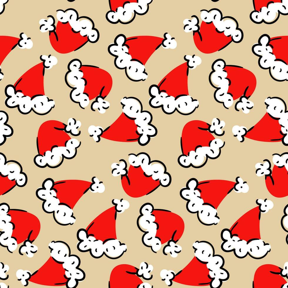 Santa Claus Christmas hats. Christmas seamless ornament with different red caps on a light. Repeating elements in different turns. Printing on textiles and paper. Holiday packaging of a bent hat vector