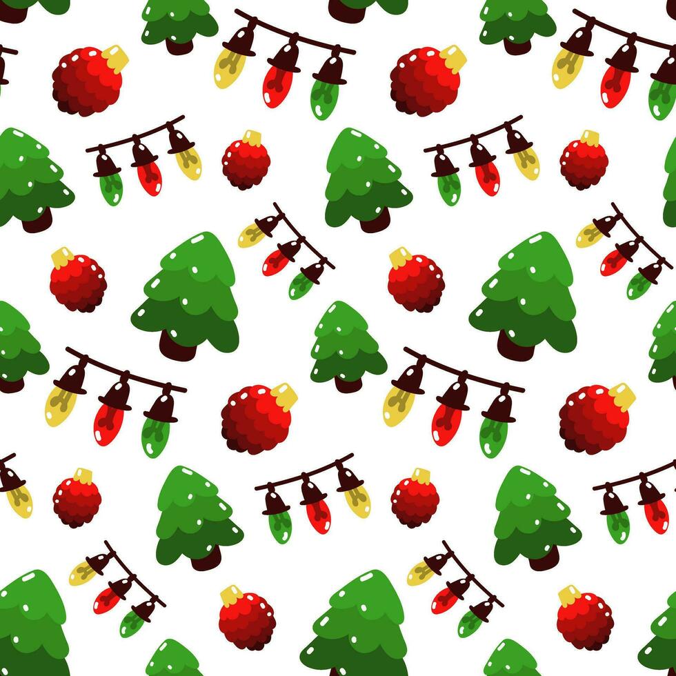 Pattern cartoon Christmas tree toy, garland, Christmas tree. Winter holidays Christmas tree decorations vector endless designer illustration. Background of Christmas holidays on white. Elements volume