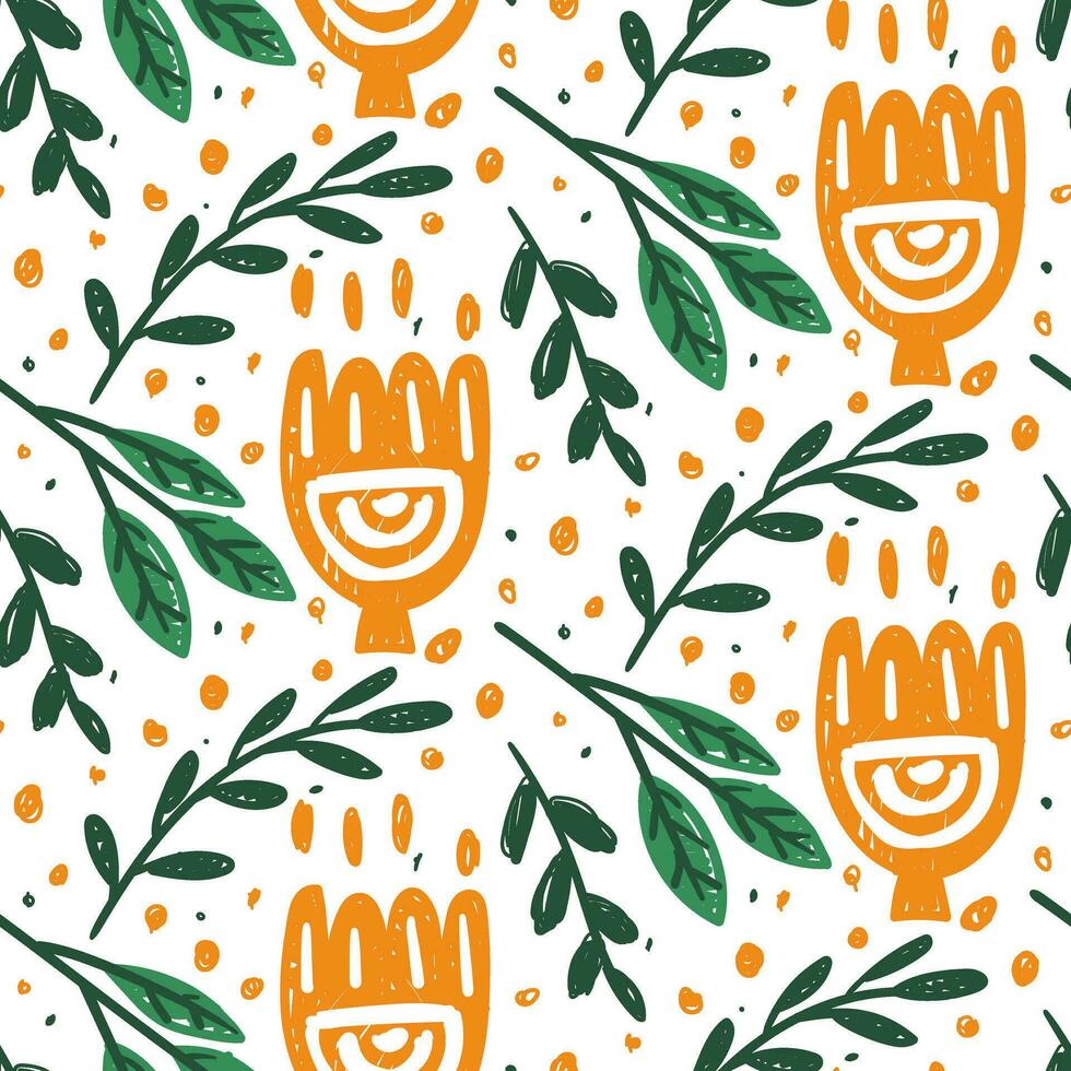 Colorful illustration of a seamless floral pattern. Background with floral doodles in children's style, funny wallpaper with basic forms of nature. abstract shapes of flowers and leaves. yellow vector