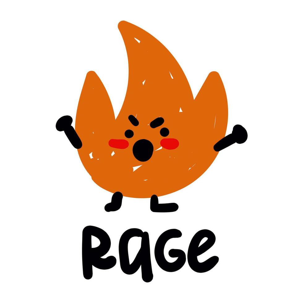 Color vector illustration of rage, fire in the style of doodles and sketches. An element of a bonfire with human emotions and an aggressive mood in the interpretation of a child. Internal state