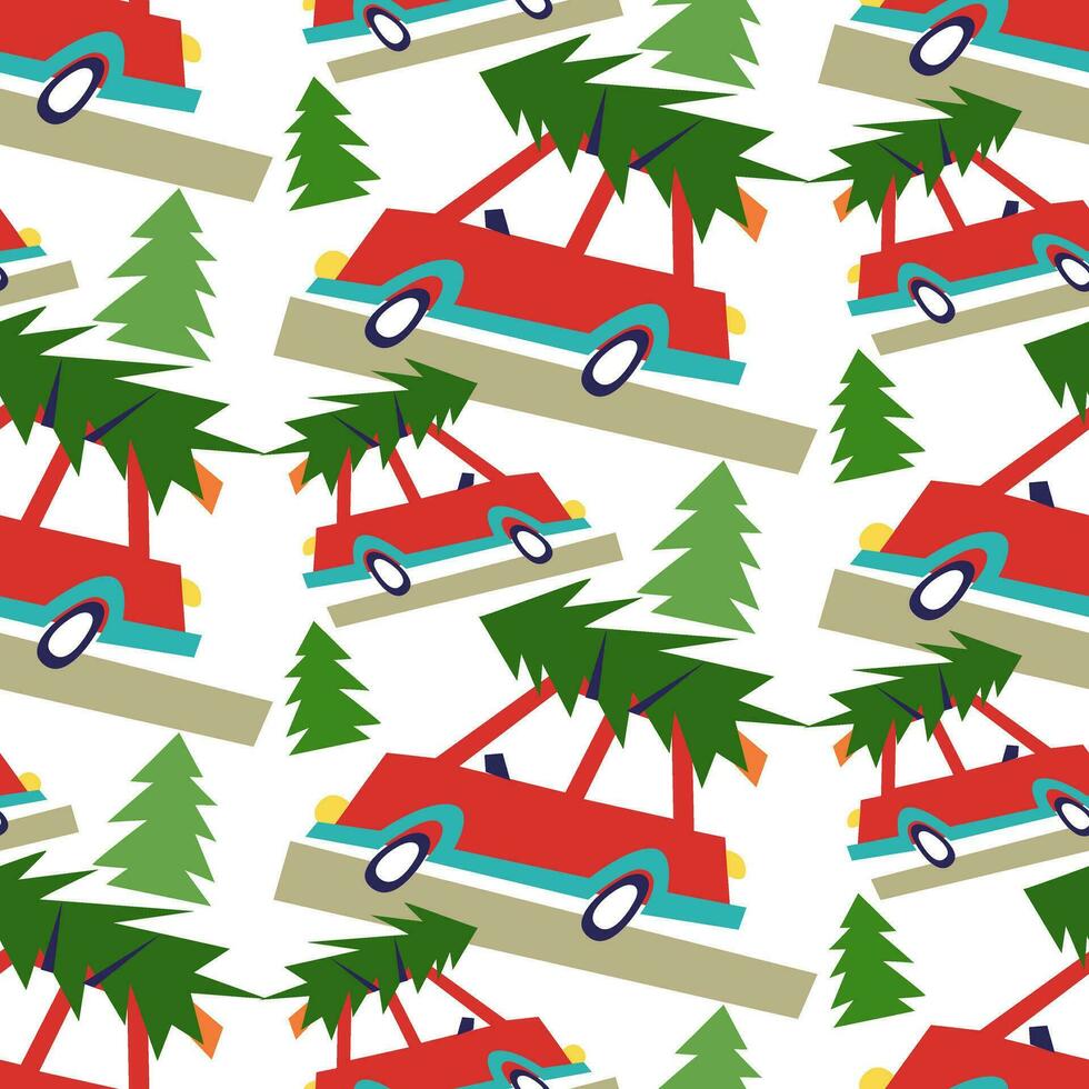 Navidad modelo con rojo coche y Navidad árbol. el la carretera mediante el bosque. geométrico máquina de escribir en un blanco. eso lata ser usado en el textil industria, papel producción, fondo, scrapbooking vector