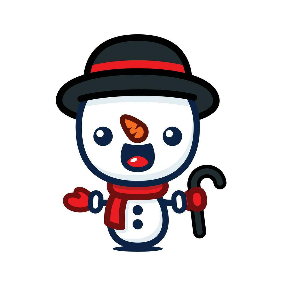 Cute And Kawaii Style Christmas Snowman Cartoon Character With Hat And Cane vector