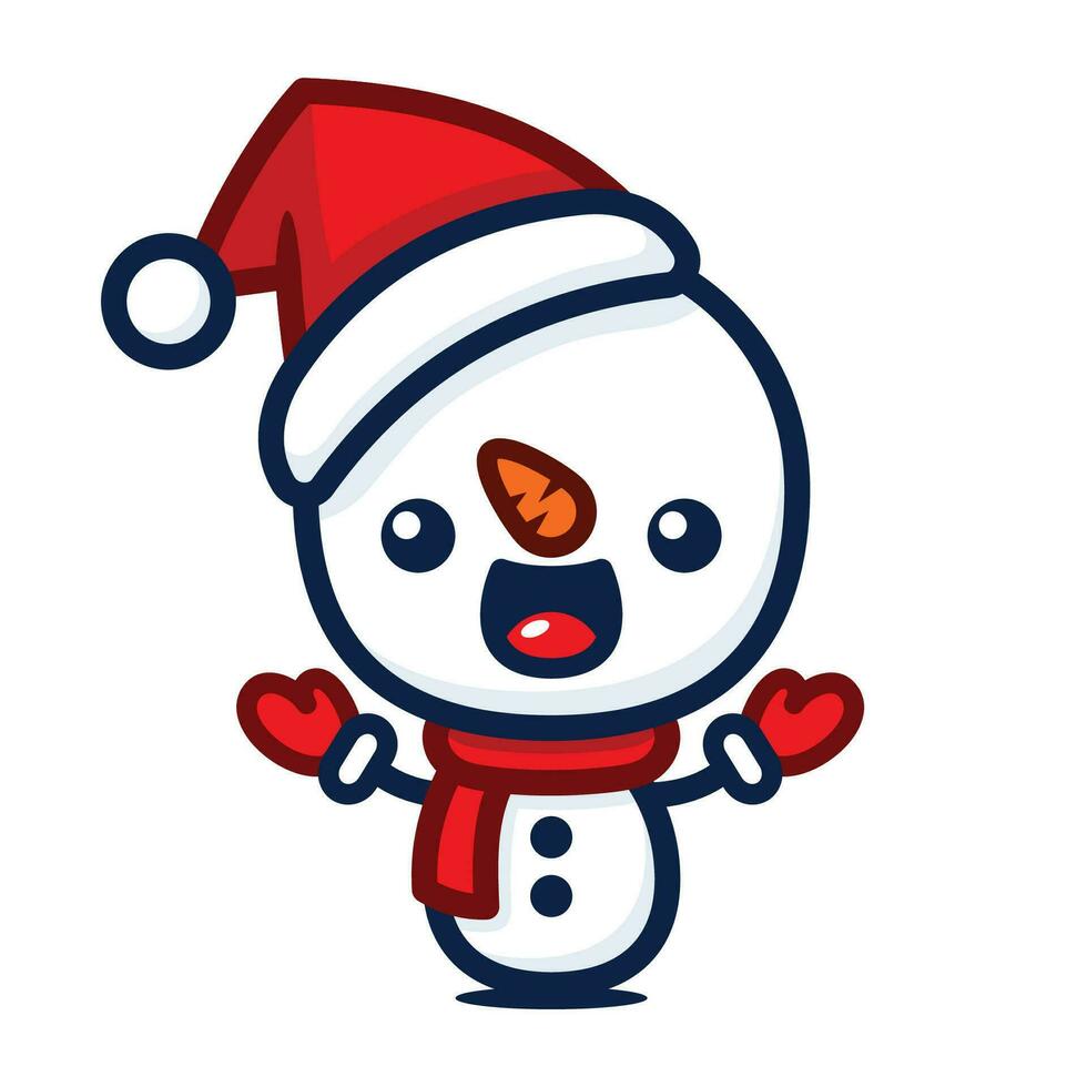 Cute And Kawaii Style Christmas Snowman Cartoon Character With Santa Hat vector