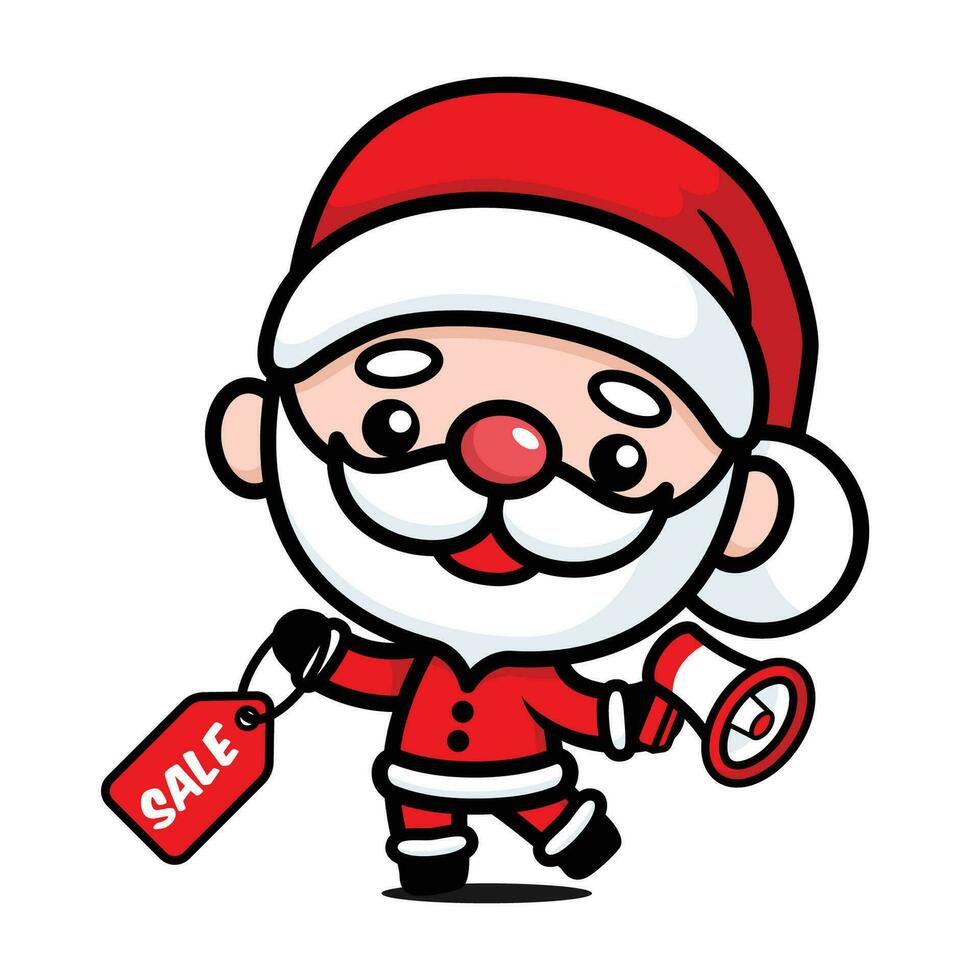 linda y kawaii Navidad Papa Noel claus dibujos animados personaje con megáfono y rebaja etiqueta vector