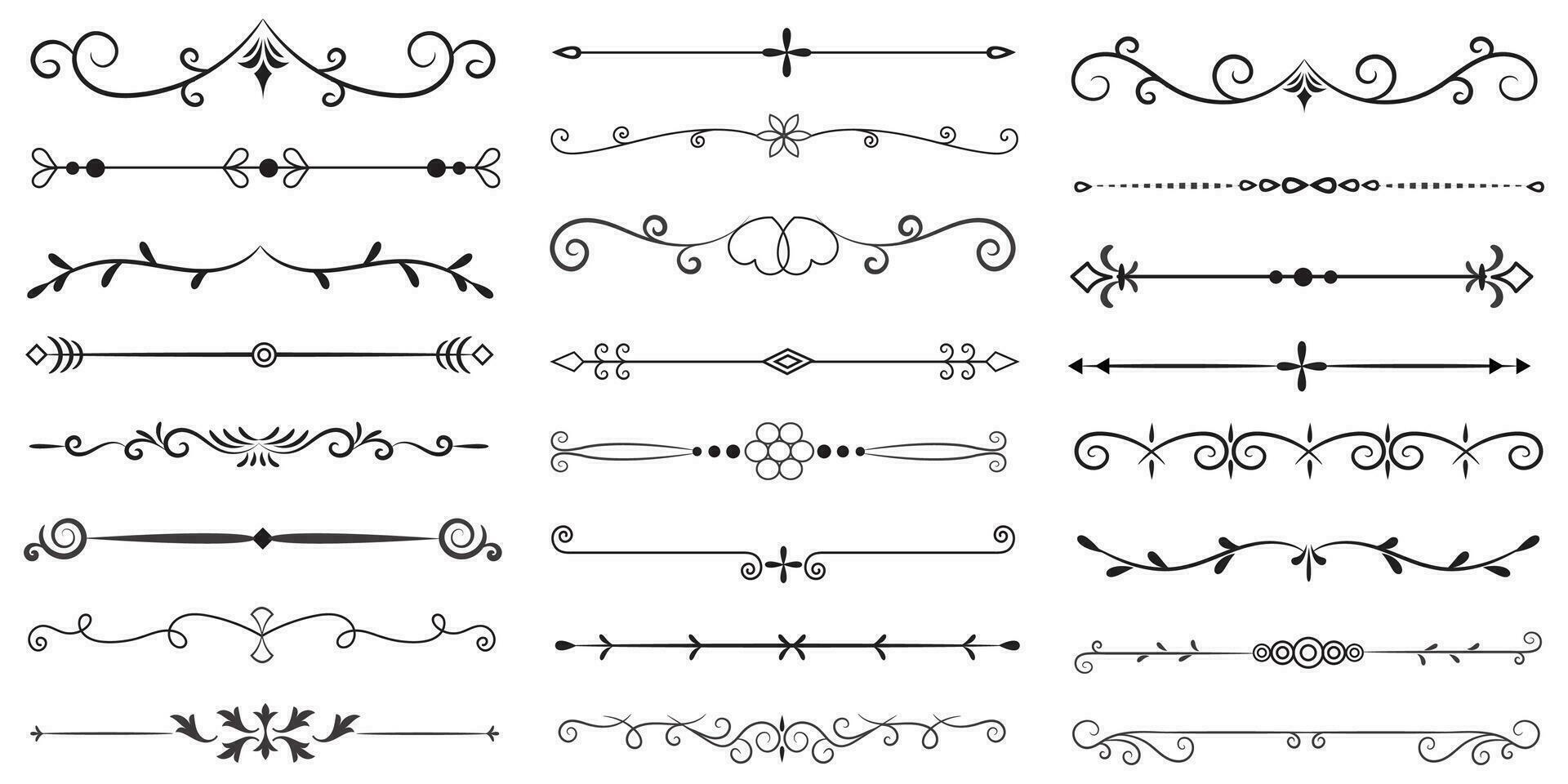 Page Divider And Design Elements. Set of Various Simple Black Divider Design, Assorted Divider Collection Template Vector. Collection of floral dividers elements mega decoration for Calligraphy. vector