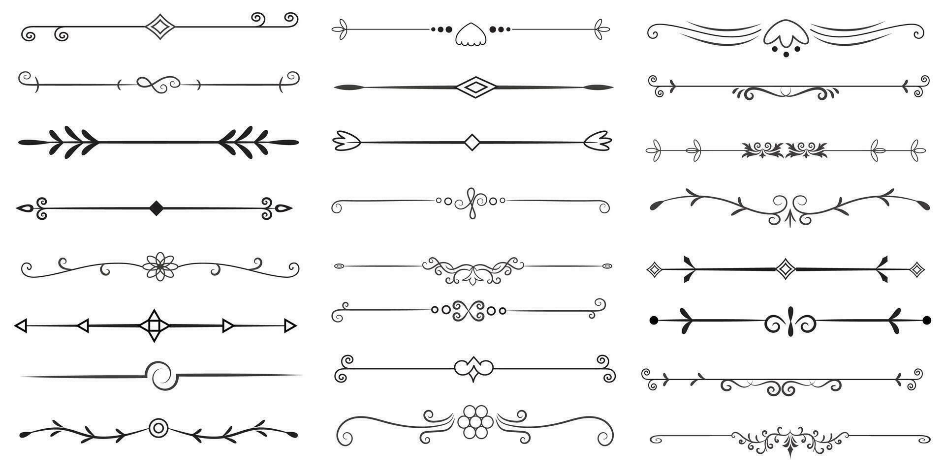 Page Divider And Design Elements. Set of Various Simple Black Divider Design, Assorted Divider Collection Template Vector. Collection of floral dividers elements mega decoration for Calligraphy. vector