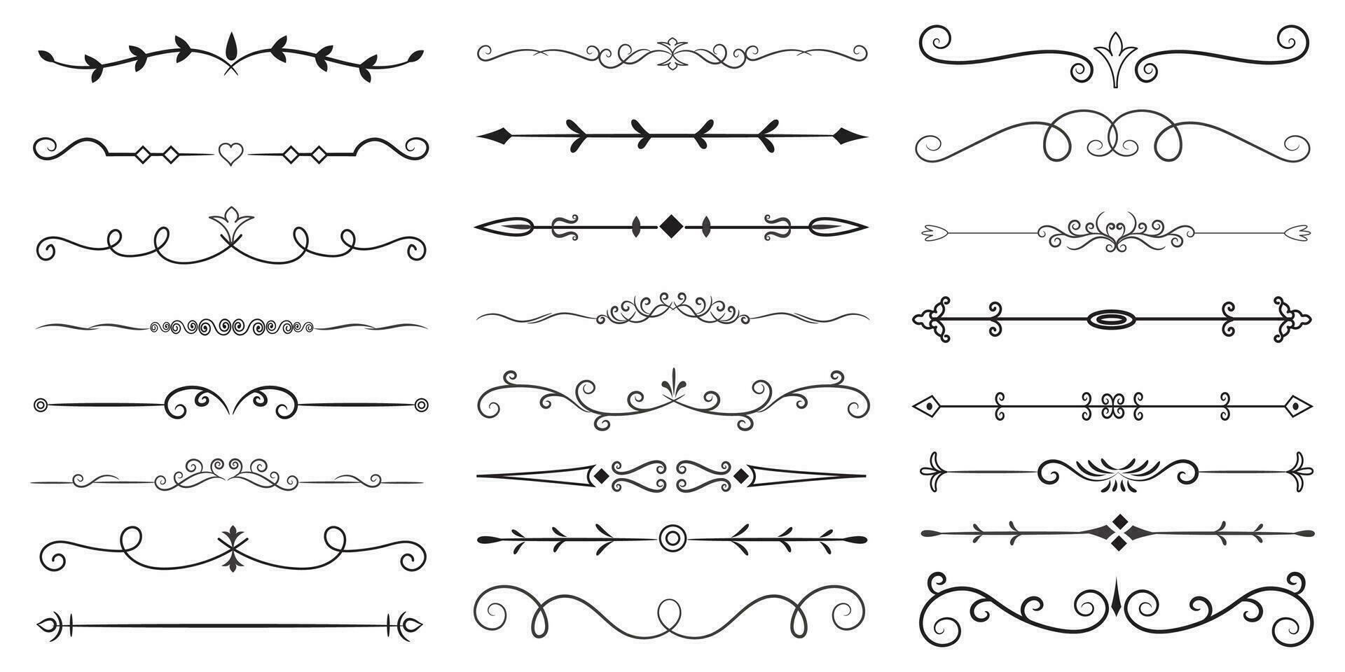 Page Divider And Design Elements. Set of Various Simple Black Divider Design, Assorted Divider Collection Template Vector. Collection of floral dividers elements mega decoration for Calligraphy. vector